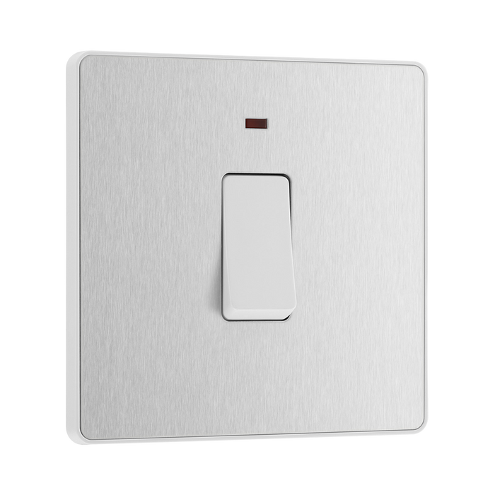 Front view of BG Evolve Brushed Steel 20A Double Pole Switch with LED