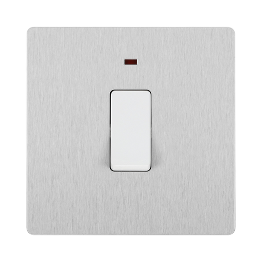 Angled view of BG Evolve Brushed Steel 20A Double Pole Switch with LED