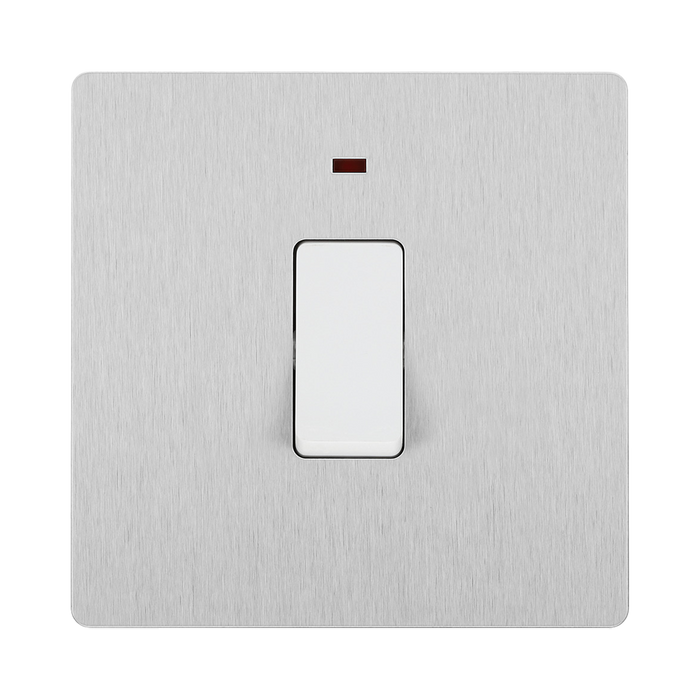 Angled view of BG Evolve Brushed Steel 20A Double Pole Switch with LED