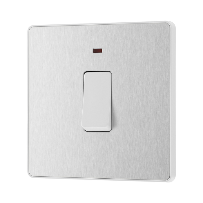 Side view of BG Evolve Brushed Steel 20A Double Pole Switch with LED