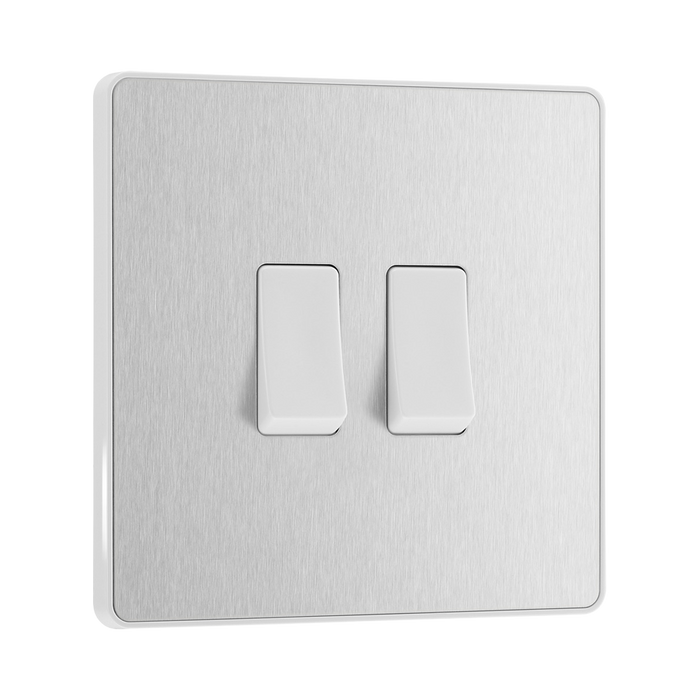 Front view of BG Evolve Brushed Steel 2G 2W Light Switch