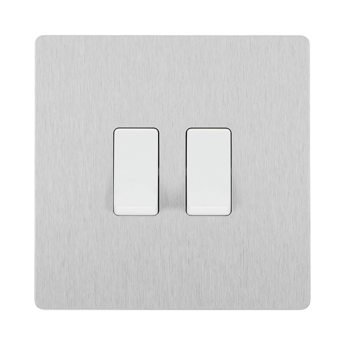 Angled view of BG Evolve Brushed Steel 2G 2W Light Switch