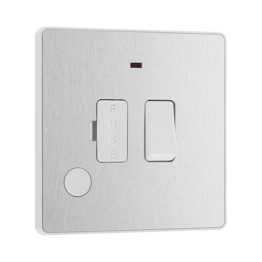 Front view of BG Evolve Brushed Steel 13A Switched Spur with LED and Flex Outlet
