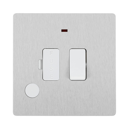 Angled view of BG Evolve Brushed Steel 13A Switched Spur with LED and Flex Outlet