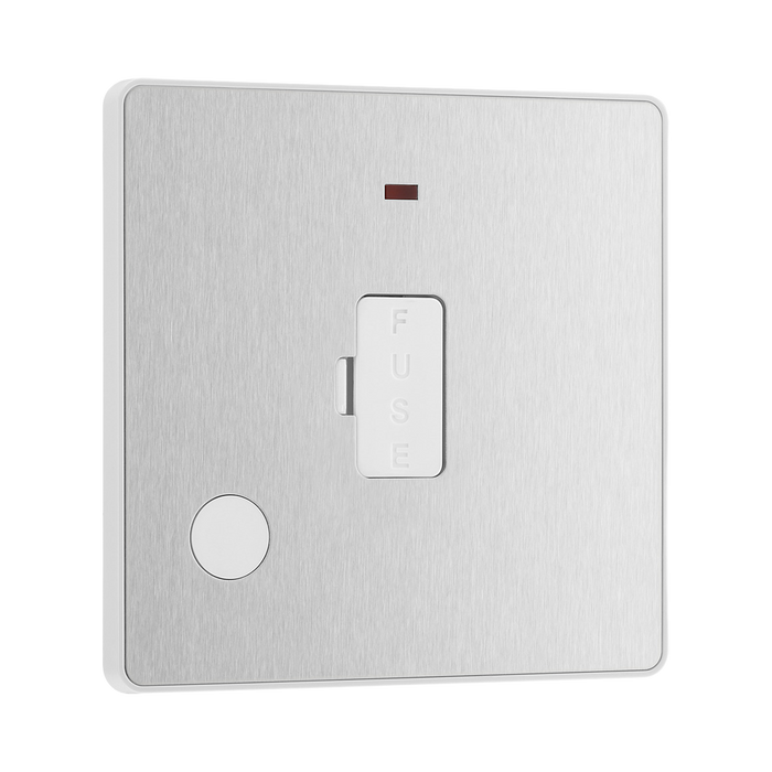 Front view of BG Evolve Brushed Steel 13A Unswitched Spur with LED and Flex Outlet