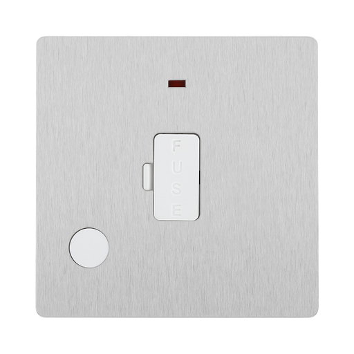 Angled view of BG Evolve Brushed Steel 13A Unswitched Spur with LED and Flex Outlet
