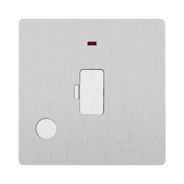 Angled view of BG Evolve Brushed Steel 13A Unswitched Spur with LED and Flex Outlet