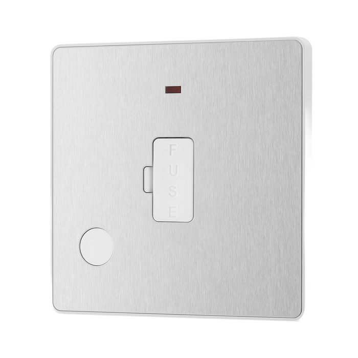 Side view of BG Evolve Brushed Steel 13A Unswitched Spur with LED and Flex Outlet