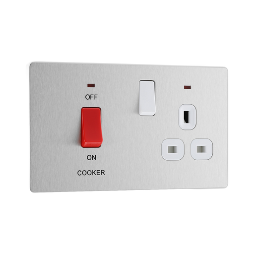 Front view of BG Evolve Brushed Steel 45A Cooker Switch with double pole switch and LED
