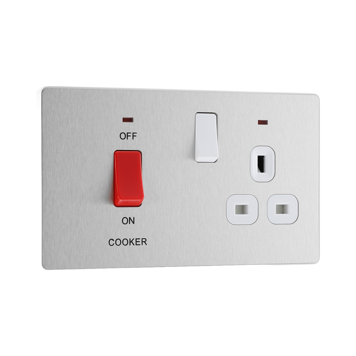Front view of BG Evolve Brushed Steel 45A Cooker Switch with double pole switch and LED