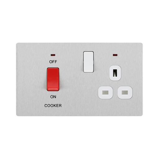 Angled view of BG Evolve Brushed Steel 45A Cooker Switch with double pole switch and LED
