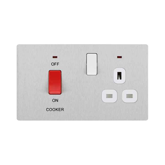 Angled view of BG Evolve Brushed Steel 45A Cooker Switch with double pole switch and LED