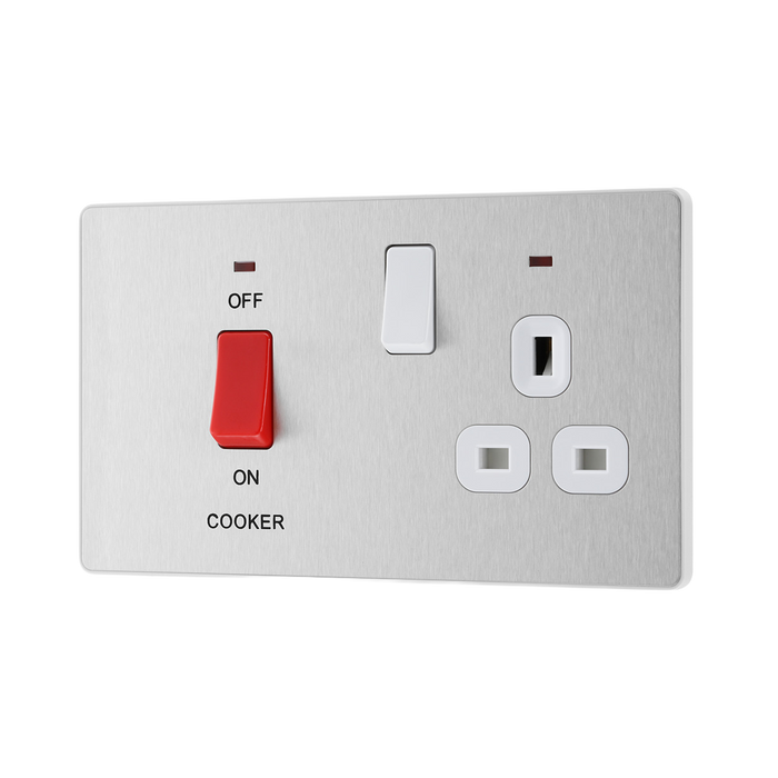 Side view of BG Evolve Brushed Steel 45A Cooker Switch with double pole switch and LED