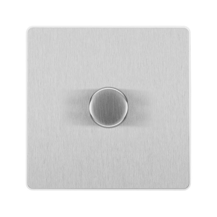BG Evolve Brushed Steel 1G Dimmer Switch PCDBS81W – front view