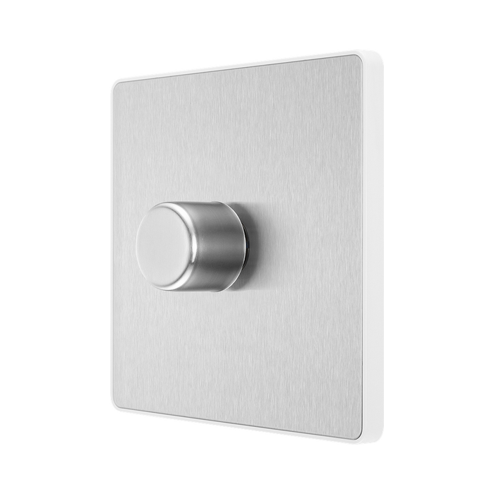 BG Evolve Brushed Steel 1G Dimmer Switch PCDBS81W – angled view