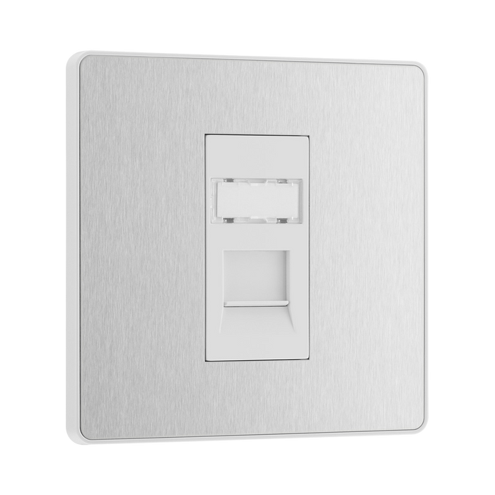 Front view of BG Evolve Brushed Steel RJ45 Cat5E Data Outlet