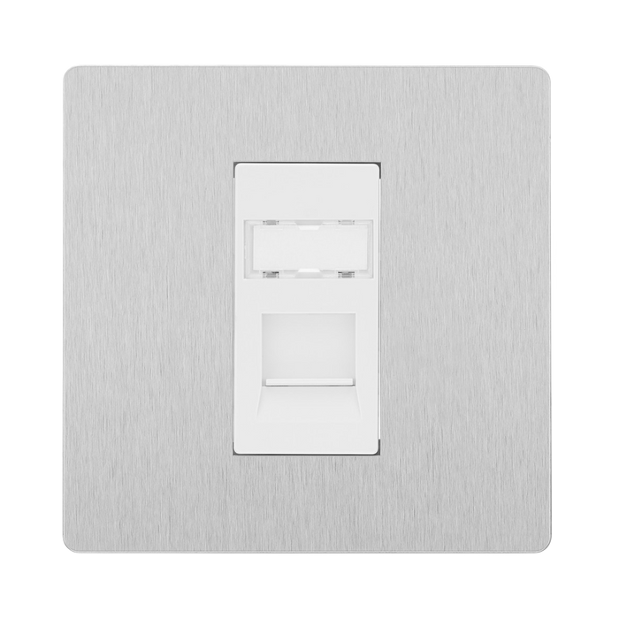 Angled view of BG Evolve Brushed Steel RJ45 Cat5E Data Outlet