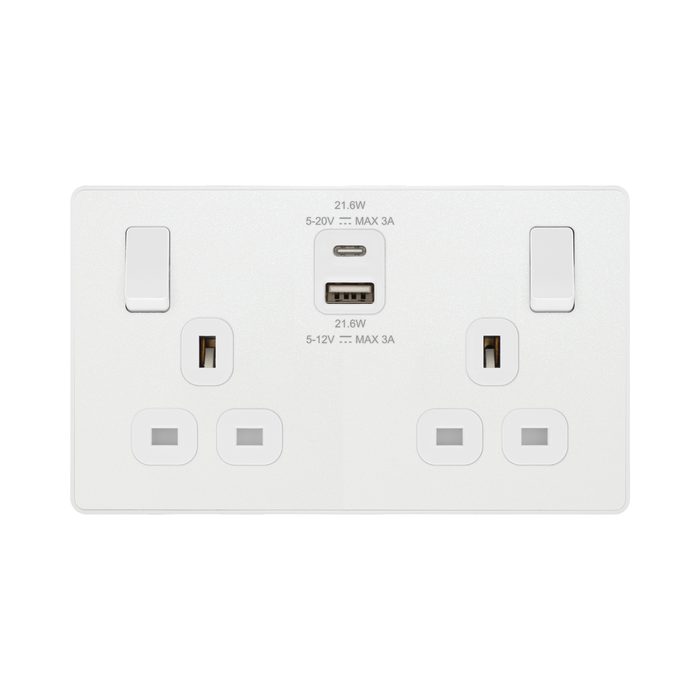 BG Evolve Pearl White 13A Double USB Socket with 22W A+C Ports PCDCL22UAC22W