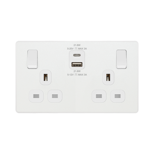 BG Evolve Pearl White 13A Double USB Socket with 22W A+C Ports PCDCL22UAC22W