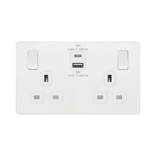 BG Evolve Pearl White 13A Double USB Socket with 45W A+C Ports PCDCL22UAC45W