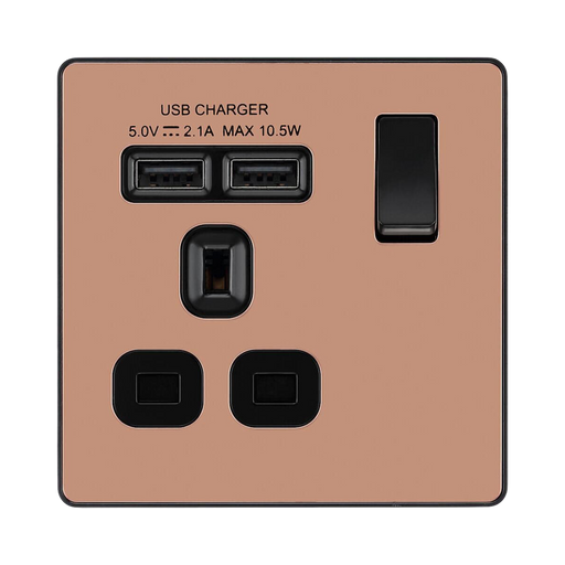 BG Evolve Polished Copper 13A Single USB Socket PCDCP21U2B