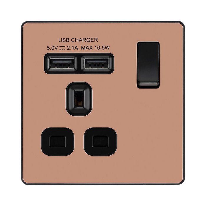 BG Evolve Polished Copper 13A Single USB Socket PCDCP21U2B