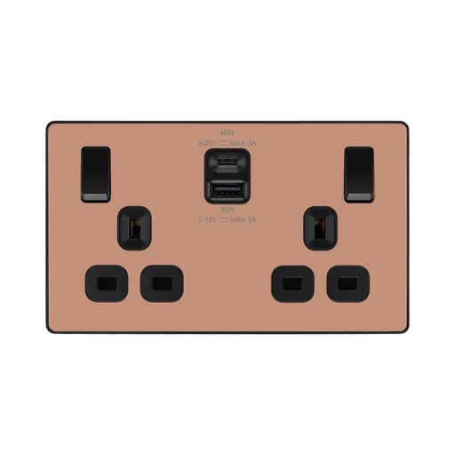 BG Evolve Polished Copper 13A Double USB Socket with 45W A+C Ports PCDCP22UAC45B