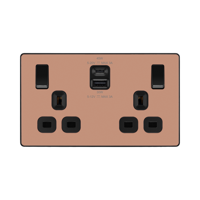 BG Evolve Polished Copper 13A Double USB Socket with 45W A+C Ports PCDCP22UAC45B