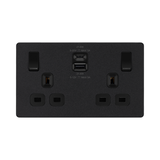 BG Evolve Matt Black 13A Double USB Socket with 22W A+C Ports PCDMB22UAC22B