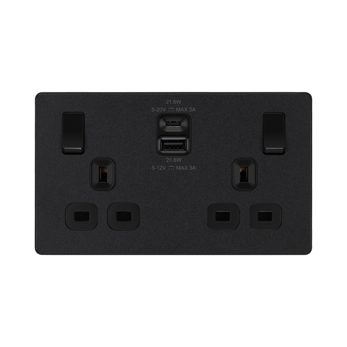 BG Evolve Matt Black 13A Double USB Socket with 22W A+C Ports PCDMB22UAC22B