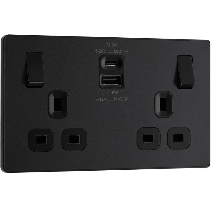 BG Evolve Matt Black 13A Double USB Socket with 22W A+C Ports PCDMB22UAC22B - view 2