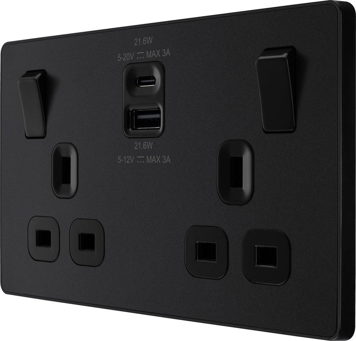 BG Evolve Matt Black 13A Double USB Socket with 22W A+C Ports PCDMB22UAC22B - view 3
