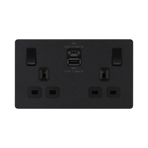 BG Evolve Matt Black 13A Double USB Socket with 45W A+C Ports PCDMB22UAC45B