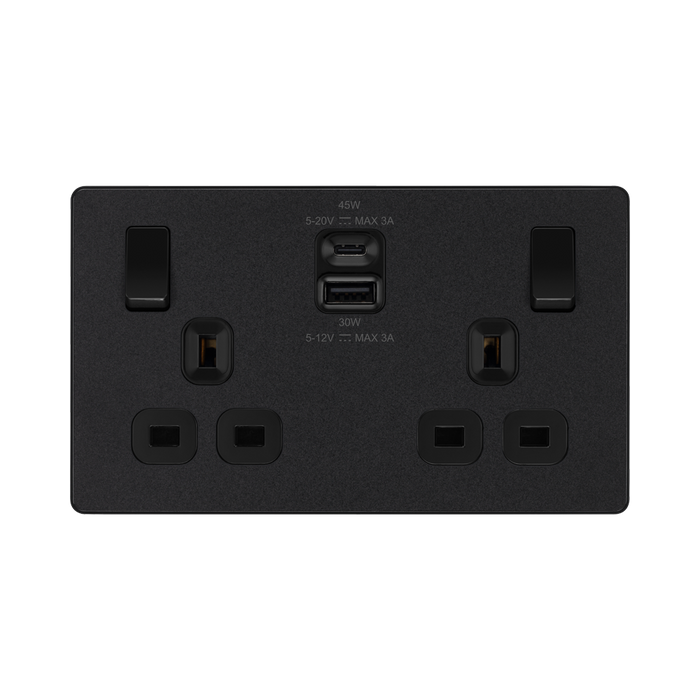 BG Evolve Matt Black 13A Double USB Socket with 45W A+C Ports PCDMB22UAC45B
