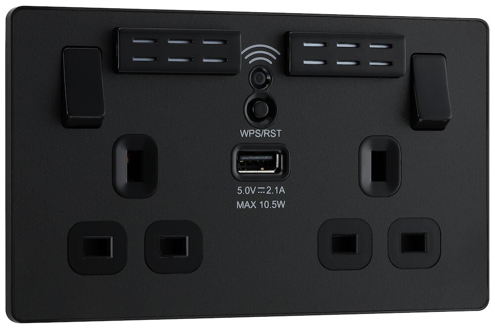 BG Evolve Matt Black WiFi Extender with 13A double USB Socket PCDMB22UWRB - view 2