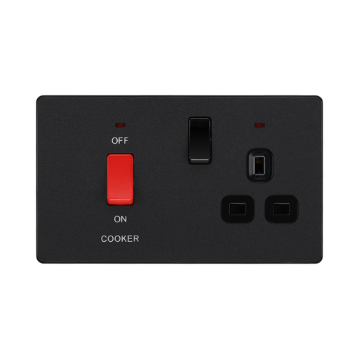 BG Evolve Matt Black 45A Cooker Switch with double pole switch and LED PCDMB70B