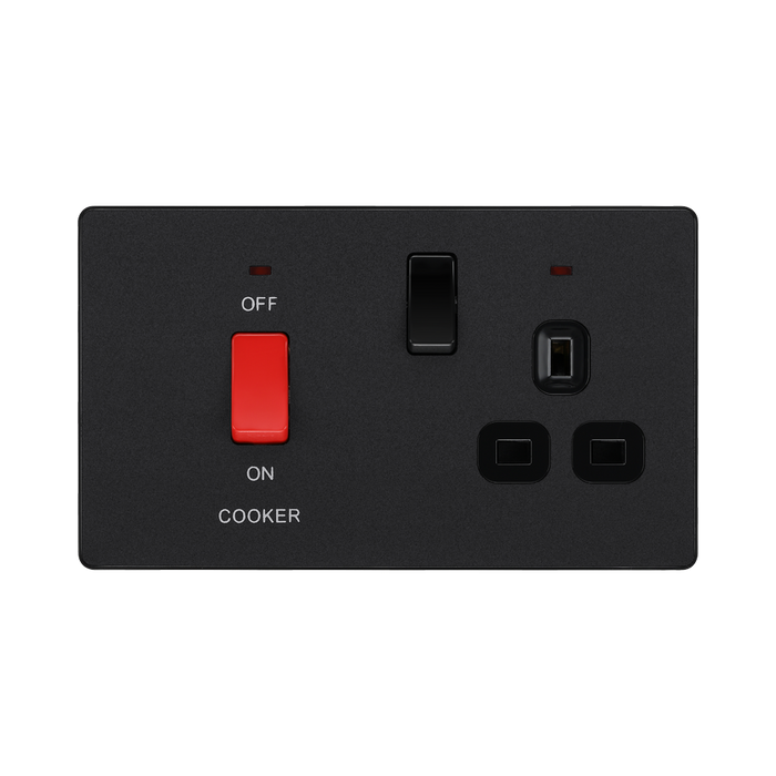 BG Evolve Matt Black 45A Cooker Switch with double pole switch and LED PCDMB70B