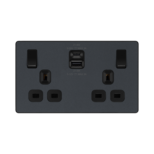 BG Evolve Matt Grey 13A Double USB Socket with 22W A+C Ports PCDMG22UAC22B