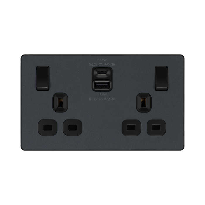 BG Evolve Matt Grey 13A Double USB Socket with 22W A+C Ports PCDMG22UAC22B