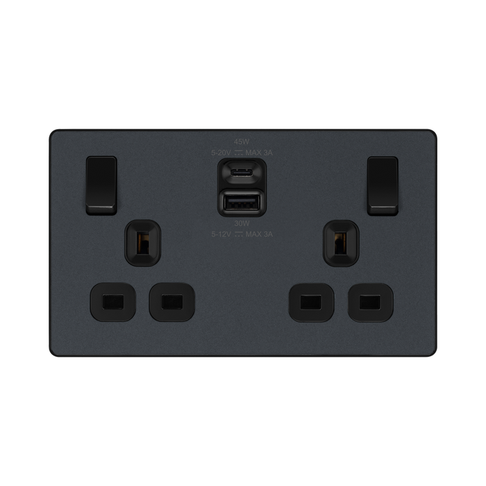 BG Evolve Matt Grey 13A Double USB Socket with 45W A+C Ports PCDMG22UAC45B
