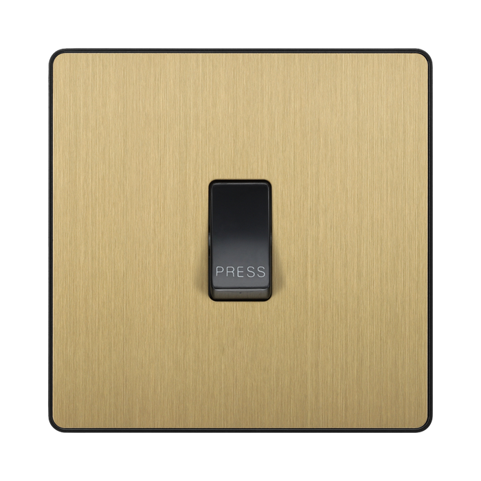 Front view of BG Evolve Satin Brass 10A Retractive Press Switch