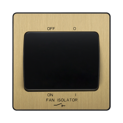 Front view of BG Evolve Satin Brass 10A Fan Isolator Switch