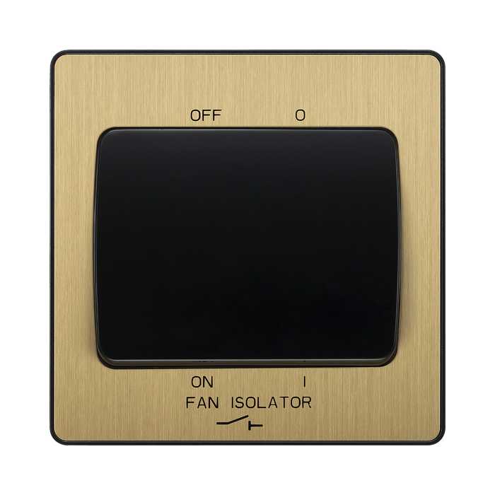 Front view of BG Evolve Satin Brass 10A Fan Isolator Switch
