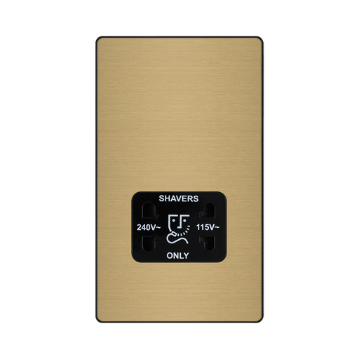 Front view of BG Evolve Satin Brass Dual Voltage Shaver Socket