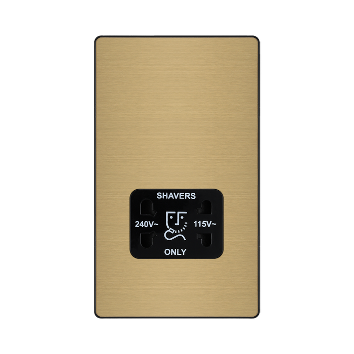 Front view of BG Evolve Satin Brass Dual Voltage Shaver Socket