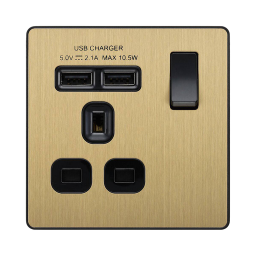 BG Evolve Satin Brass 13A Single USB Socket PCDSB21U2B
