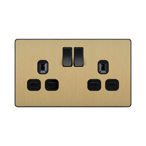 Front view of BG Evolve Satin Brass 13A Double Socket
