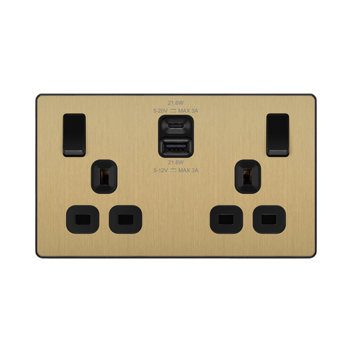 Front view of BG Evolve Satin Brass 13A Double USB Socket with 22W A+C Ports