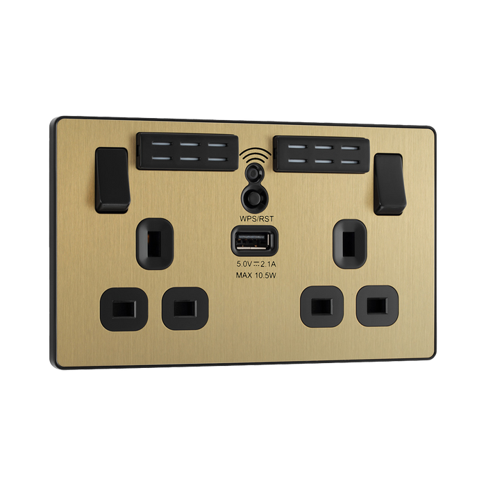 BG Evolve Satin Brass WiFi Extender with 13A double USB Socket PCDSB22UWRB