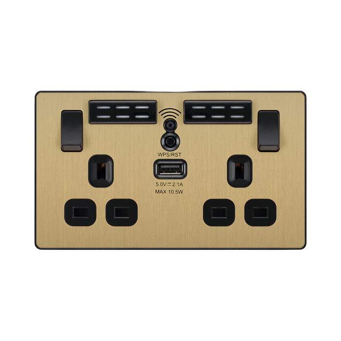 BG Evolve Satin Brass WiFi Extender with 13A double USB Socket PCDSB22UWRB